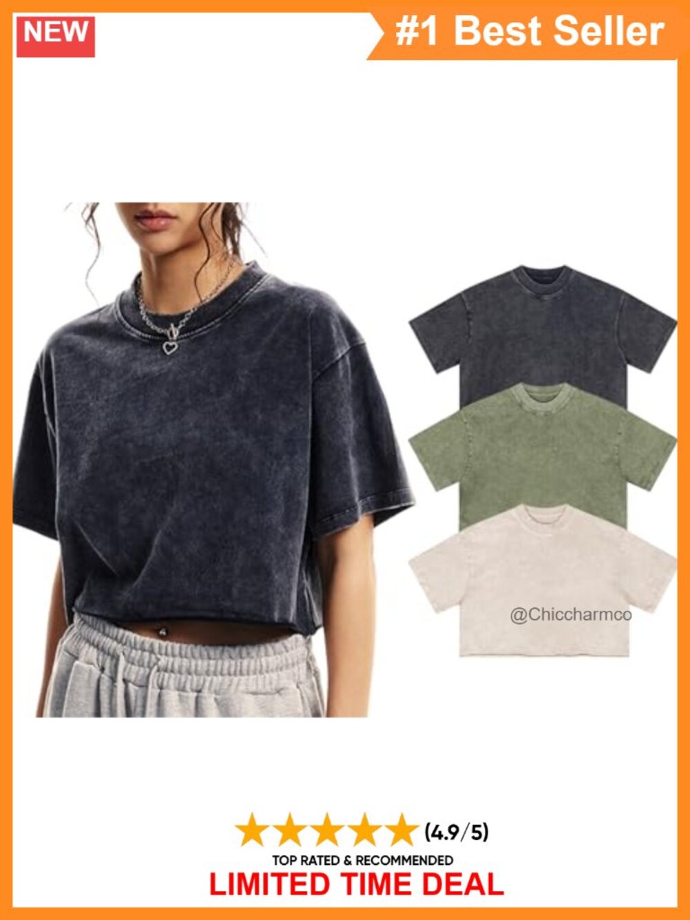 Oversized Acid Wash Cropped Cotton T-Shirt Drop Shoulder Casual Tee